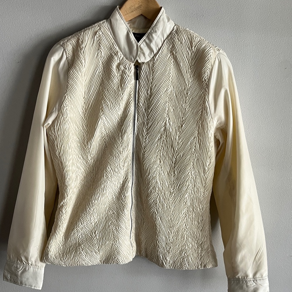 Zoe D Cream Textured Zip Jacket Blazer Minimalist Structured Chic M
